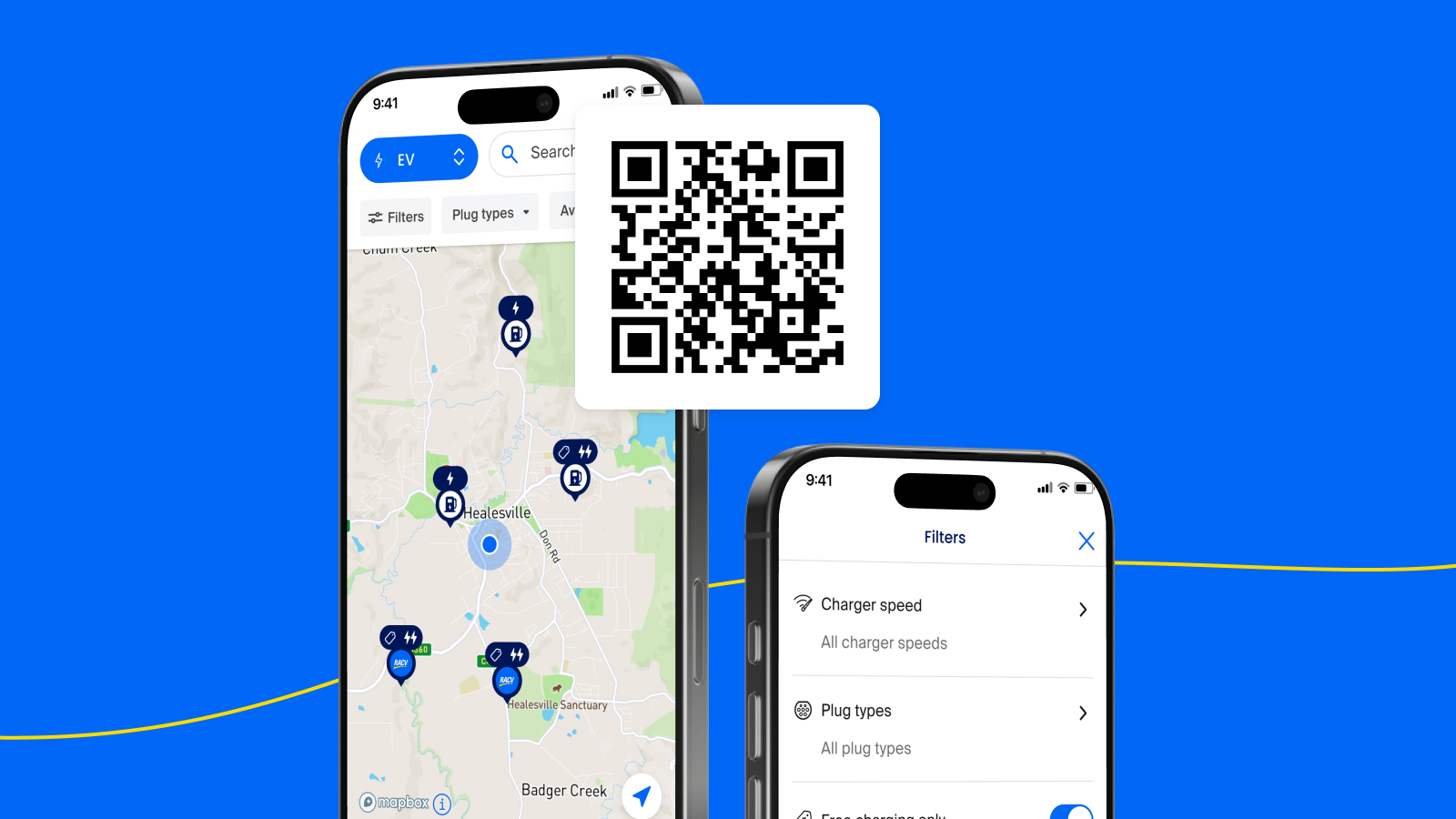 QR code overlayed with graphics of the RACV app showing the electric vehicle map on screen. 