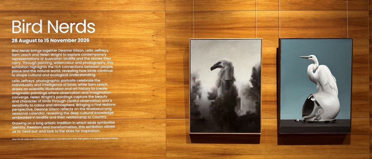 Two bird artworks on the right, with a description of the artworks on the left