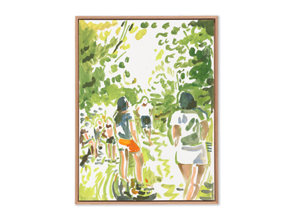 A painting of greens and oranges that appear to be people 