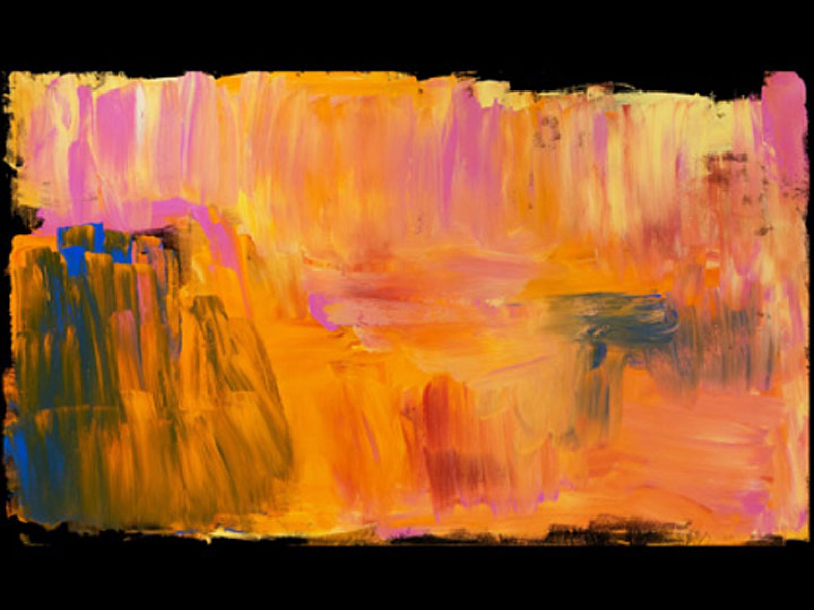 Abstract painting filled with oranges and pinks