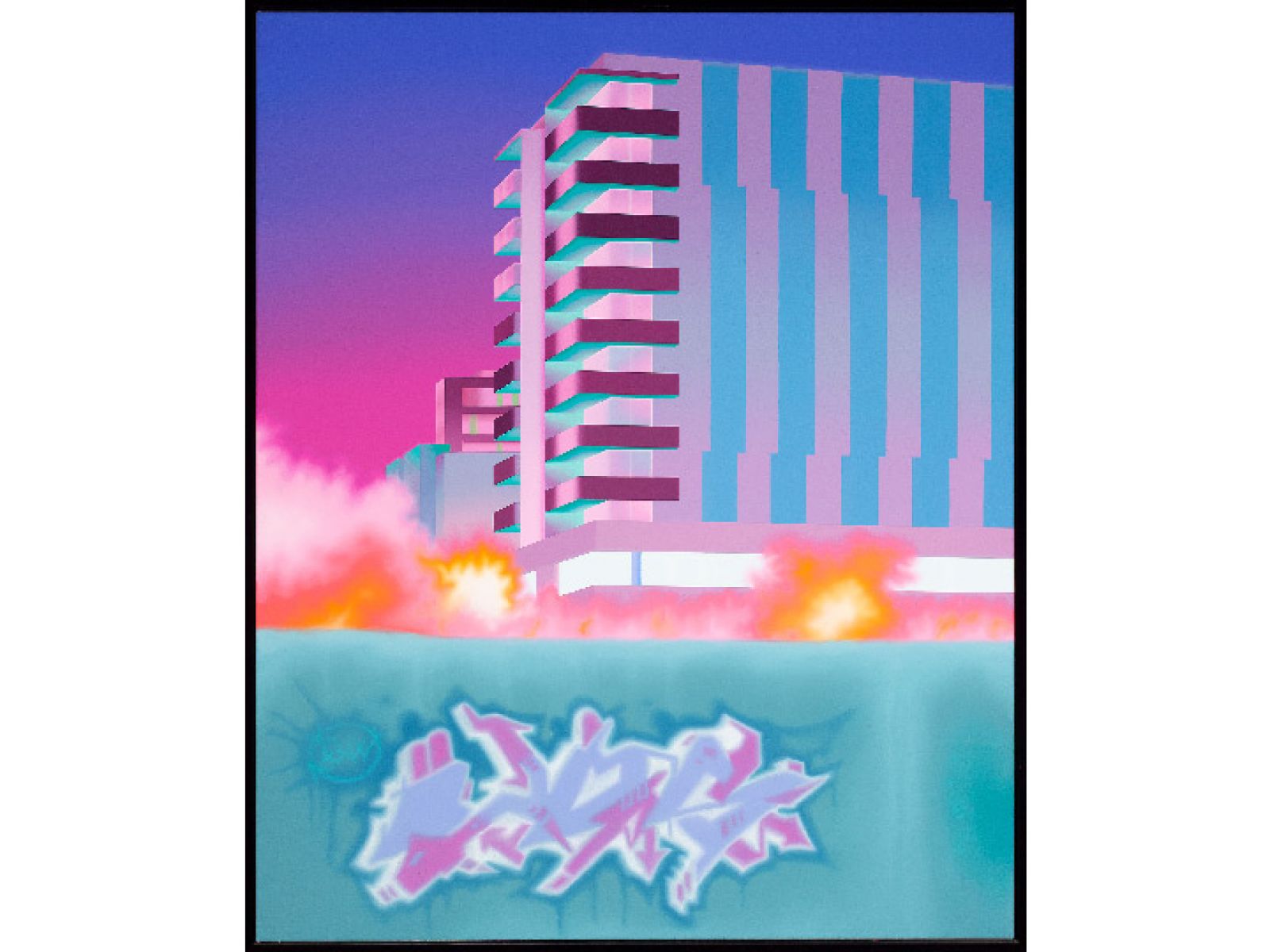 Neon colours depicting an urban building with graffitti.