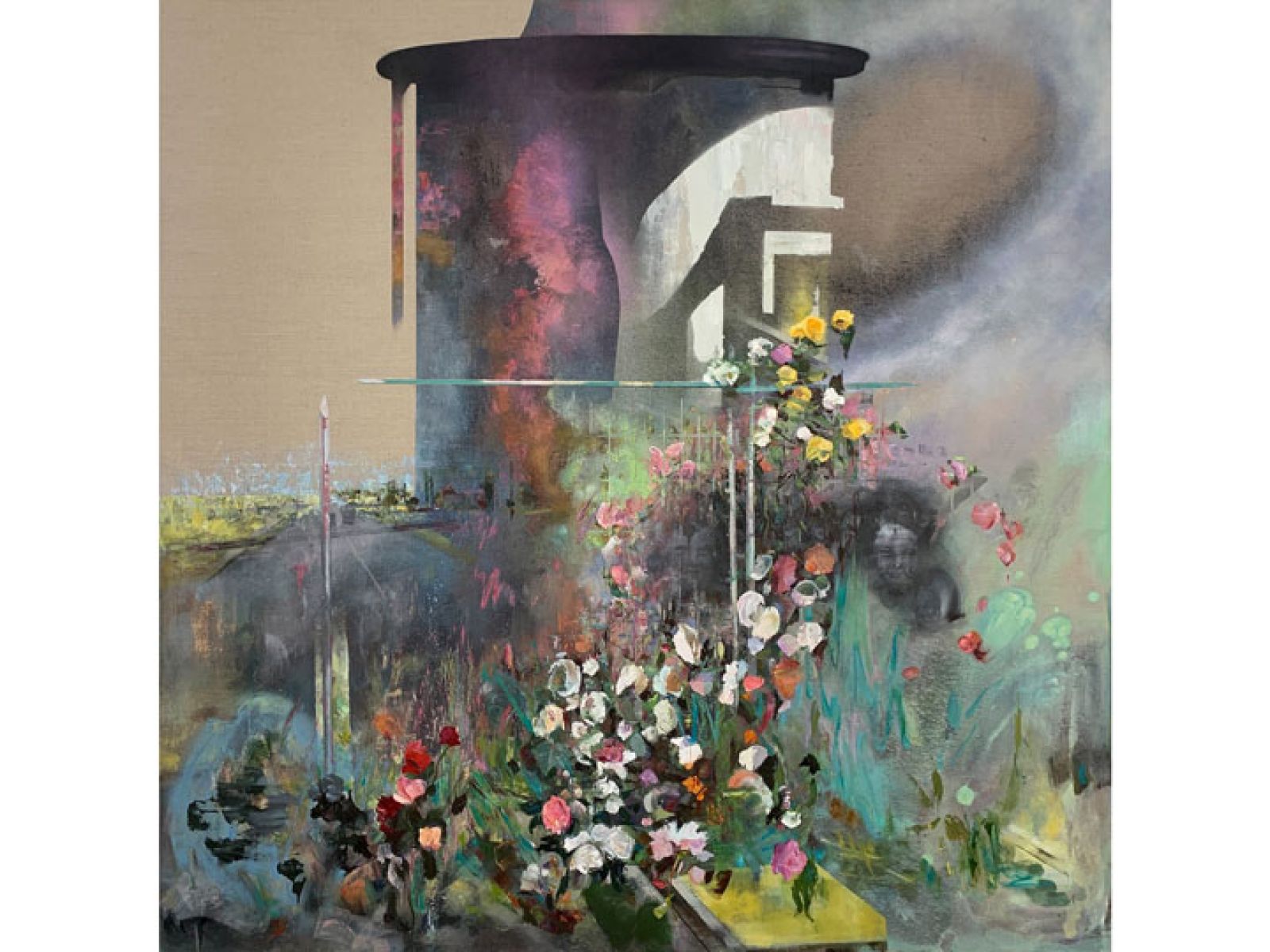 A painting with pastel colours that appears to be a silo, flowers and a road.