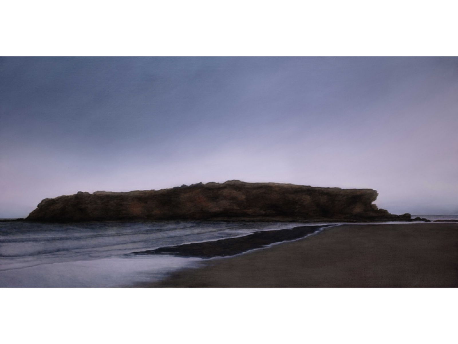 Oil painting of an island on the beach with grey dark skies