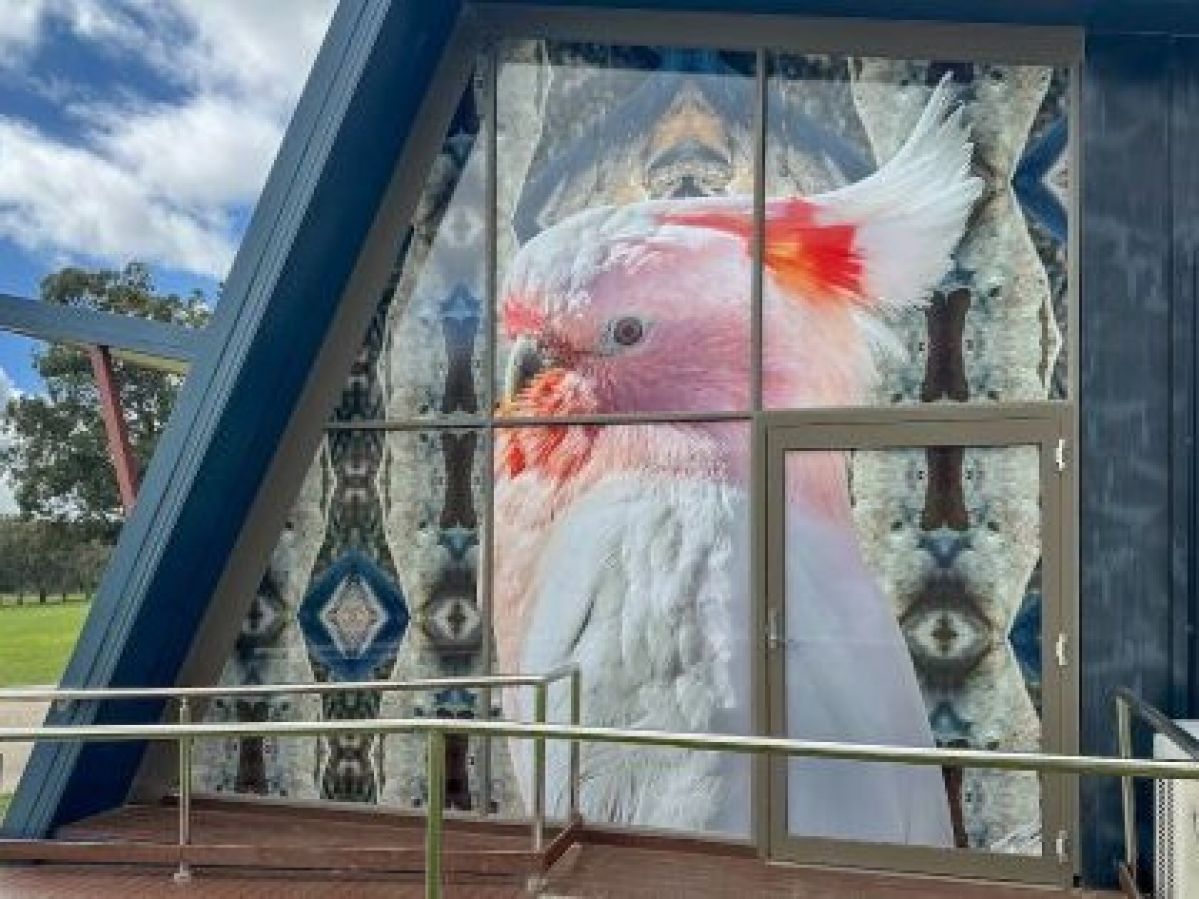 A photograph of a bird by Kent Morris on the outside wall and door of a building
