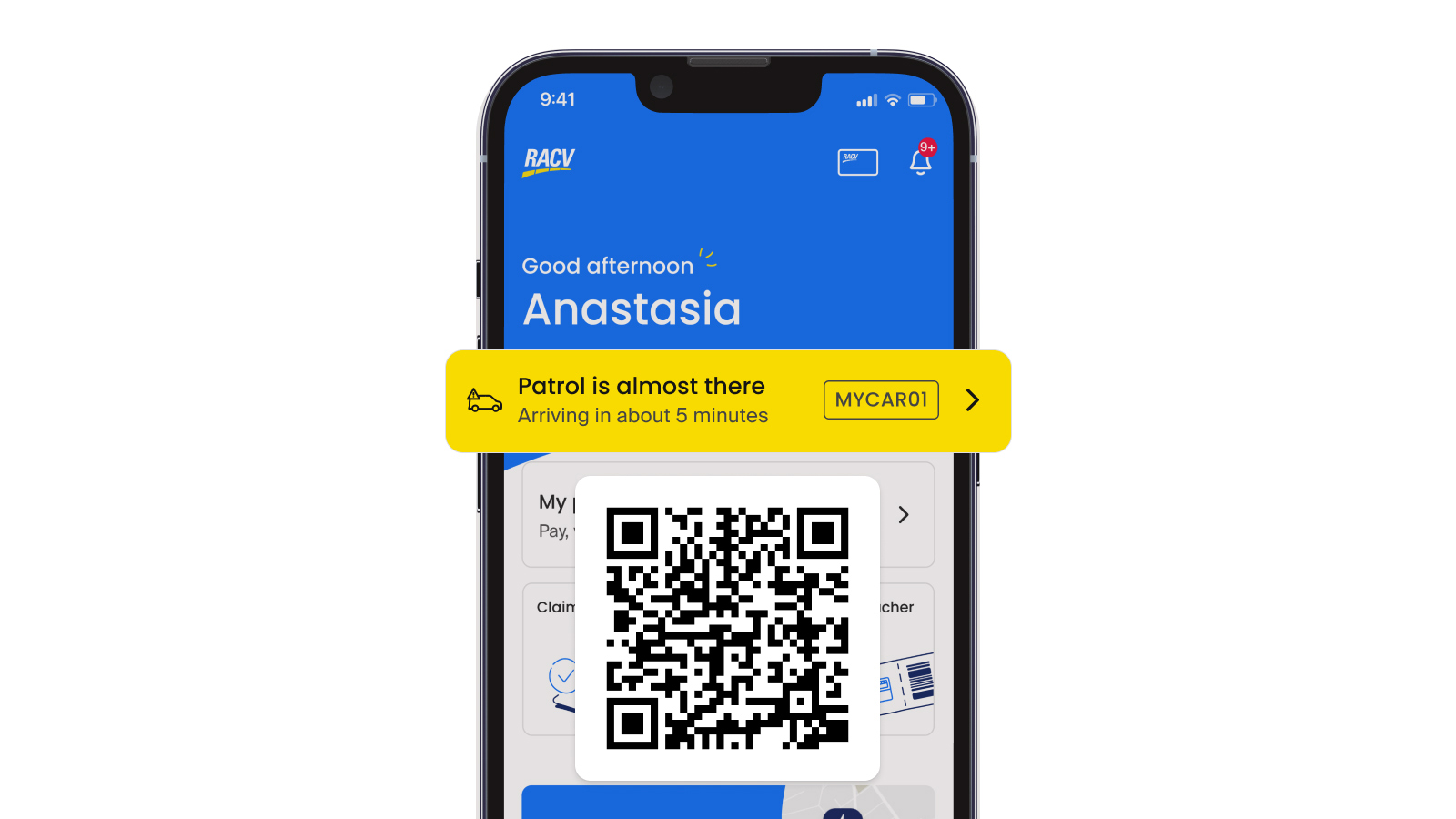An iPhone opened to the RACV App homescreen, with a yellow banner popping out that says the RACV patrol van will arrive in about 5 minutes.