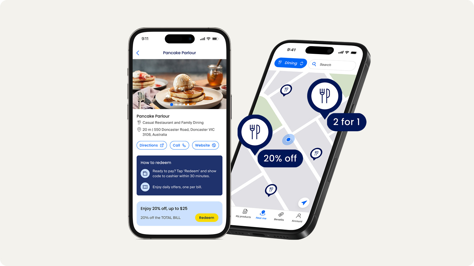 Two handsets showing the RACV app dining page