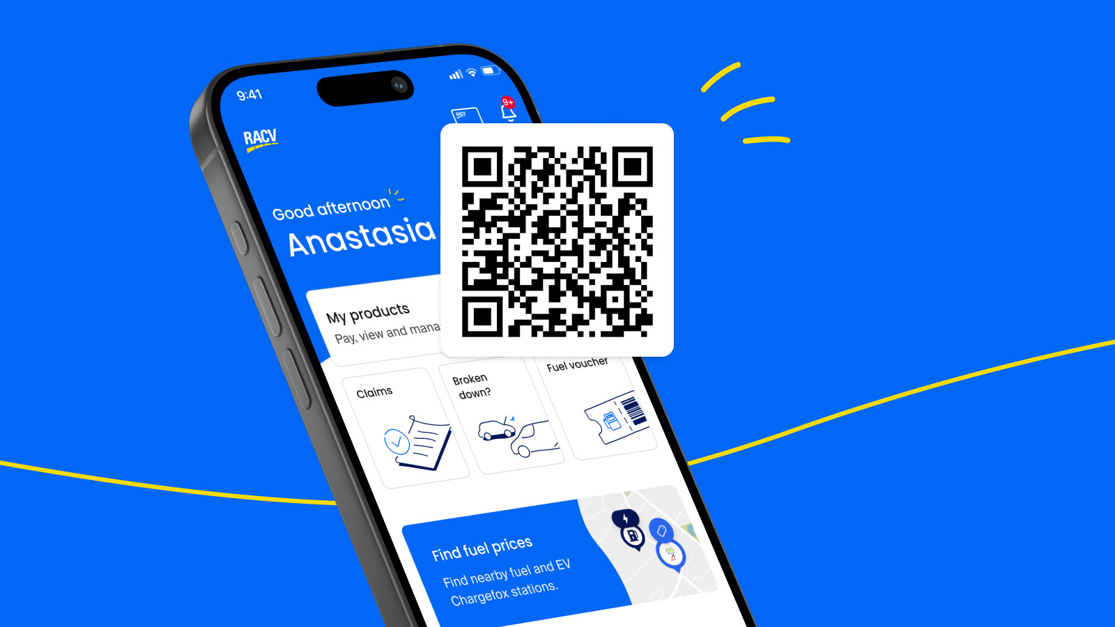 App handset showing the homepage with a QR
