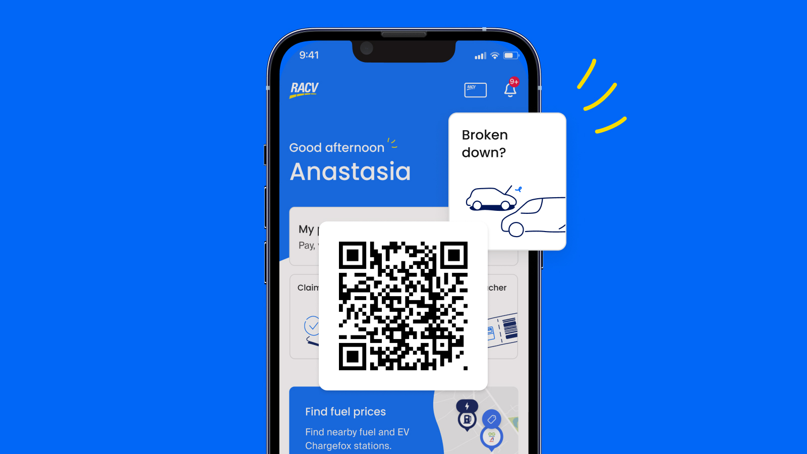 QR code overlayed with graphic of the RACV app showing the homepage with the "Broken down?" module popping out.