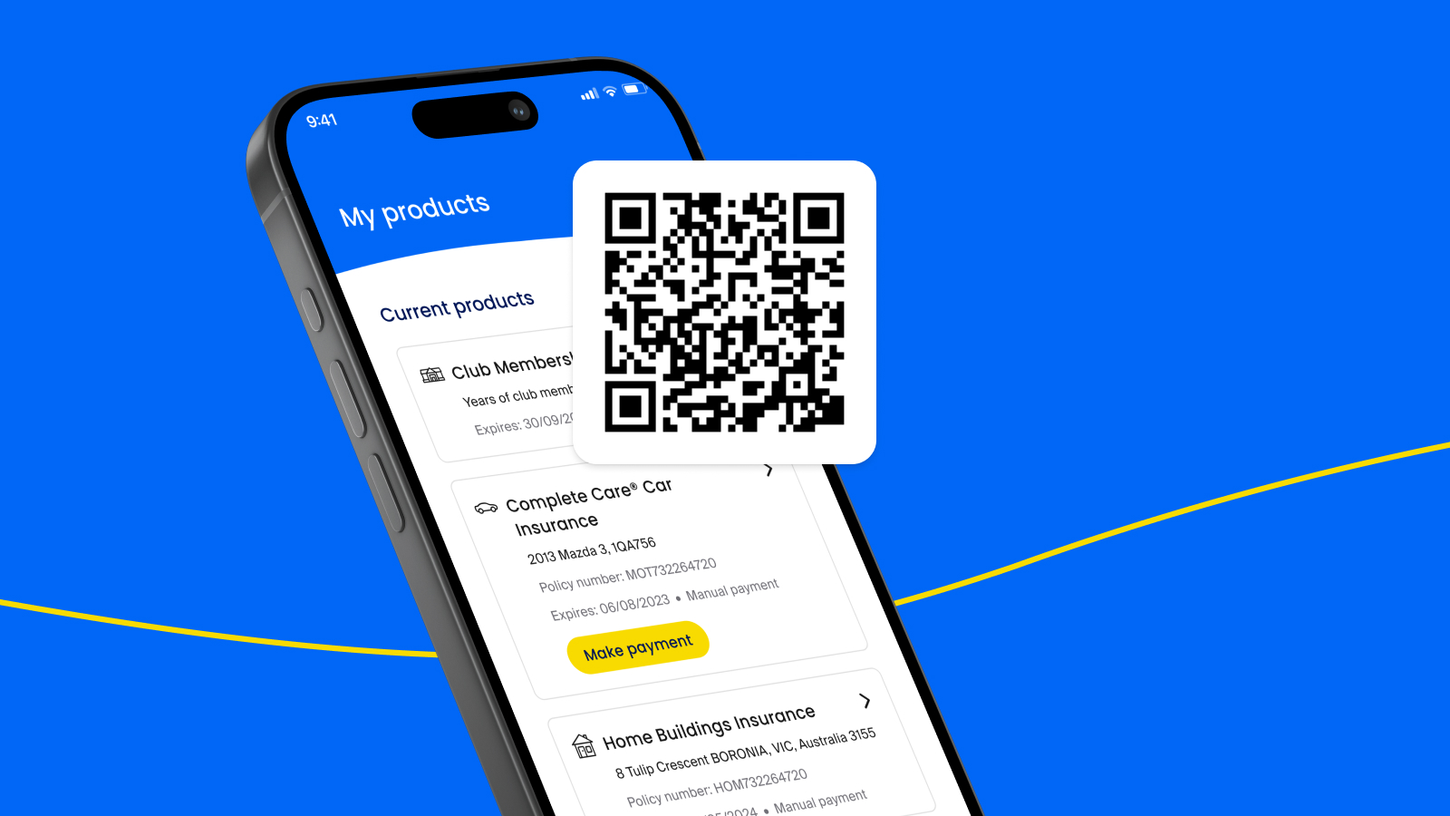 QR code overlayed with graphic of the RACV app showing the "My products" screen. 