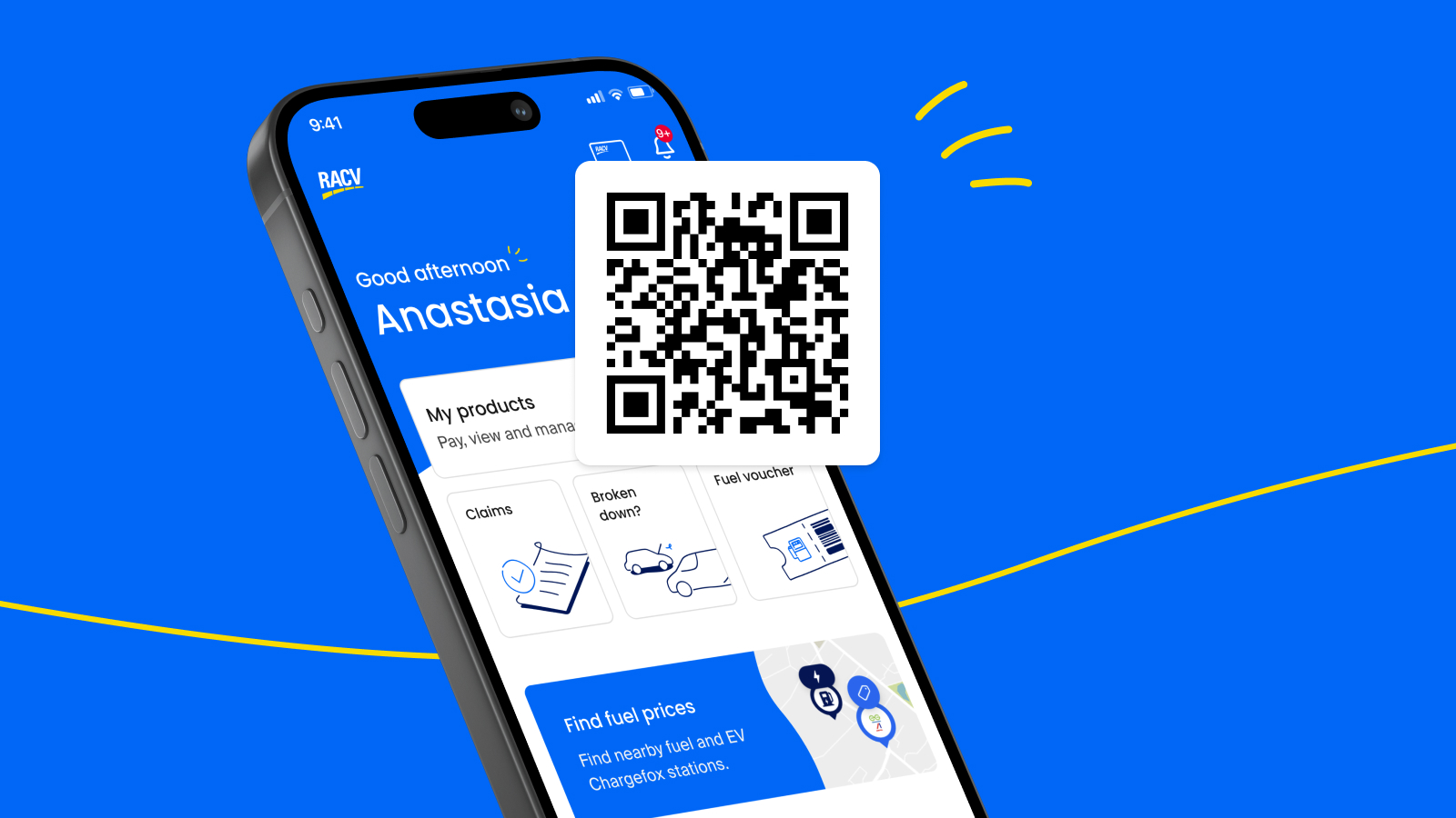 QR code overlayed with graphics of the RACV app showing the homepage on screen. 
