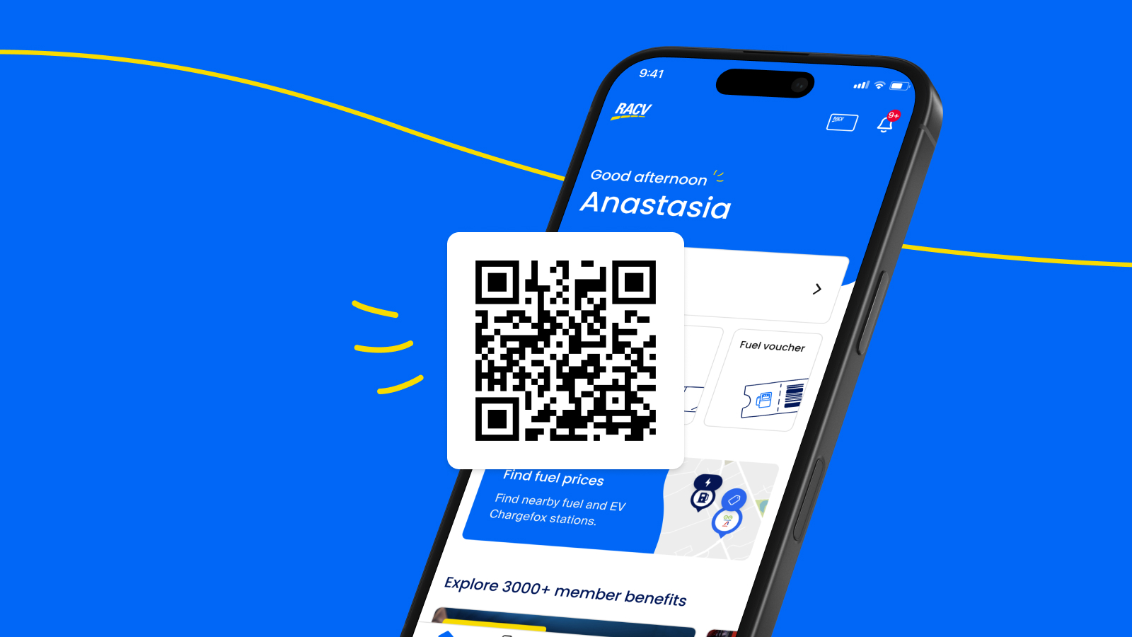 QR code overlayed with graphic of the RACV app showing the homepage on screen. 