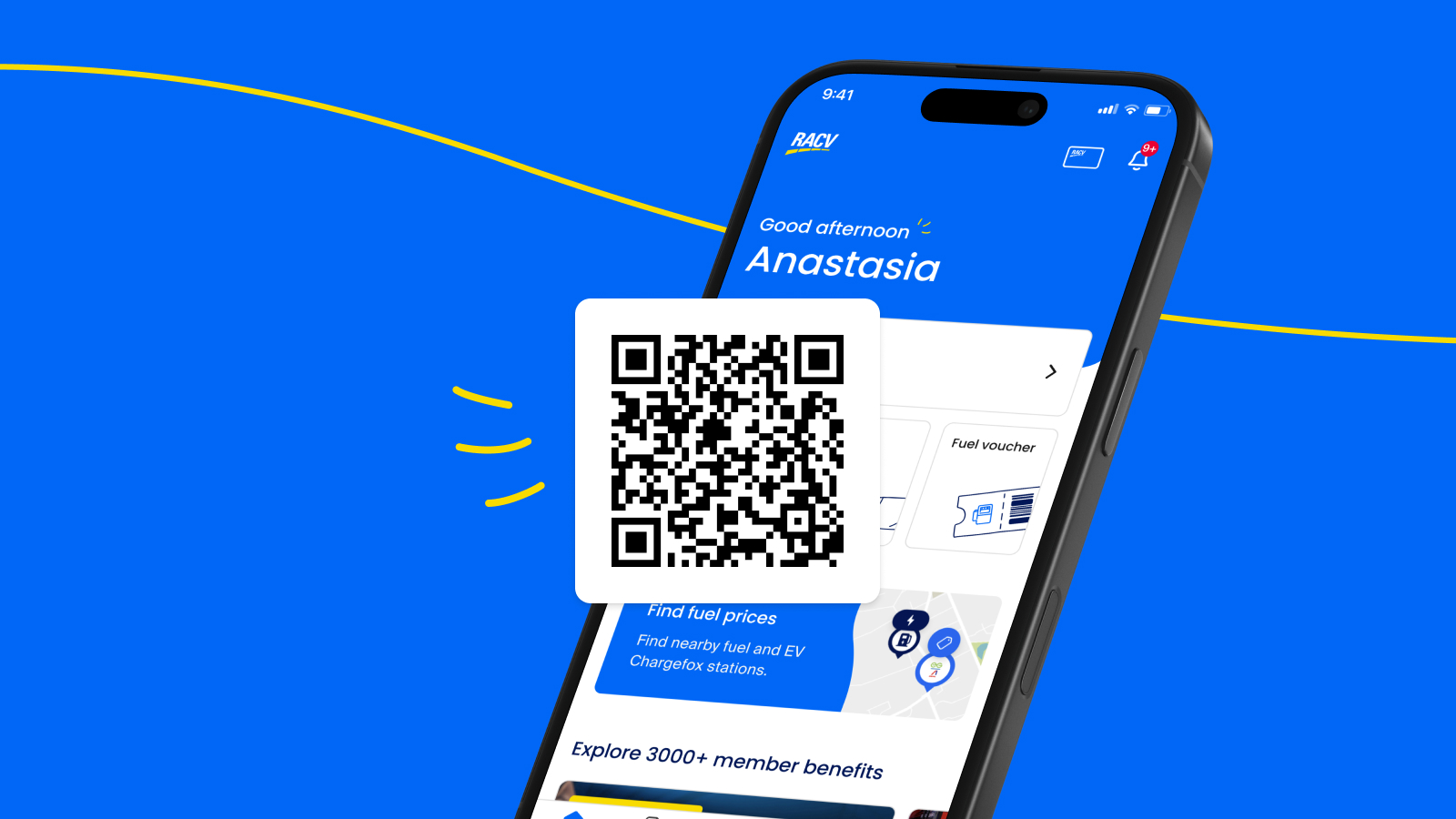 QR code overlayed with graphic of the RACV app showing the homepage on screen. 