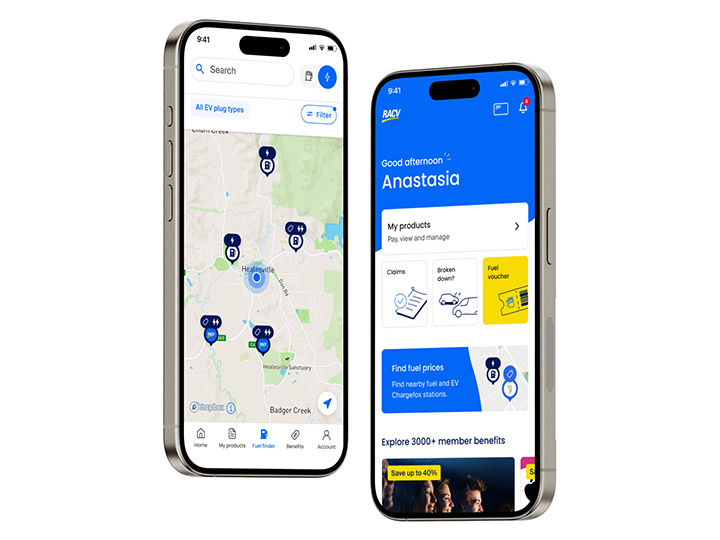 Image of the RACV mobile app login screen and fuel finder map.