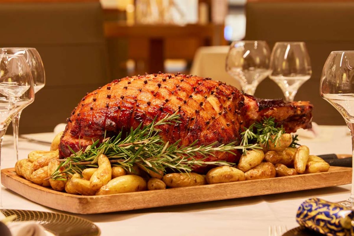 christmas ham on table