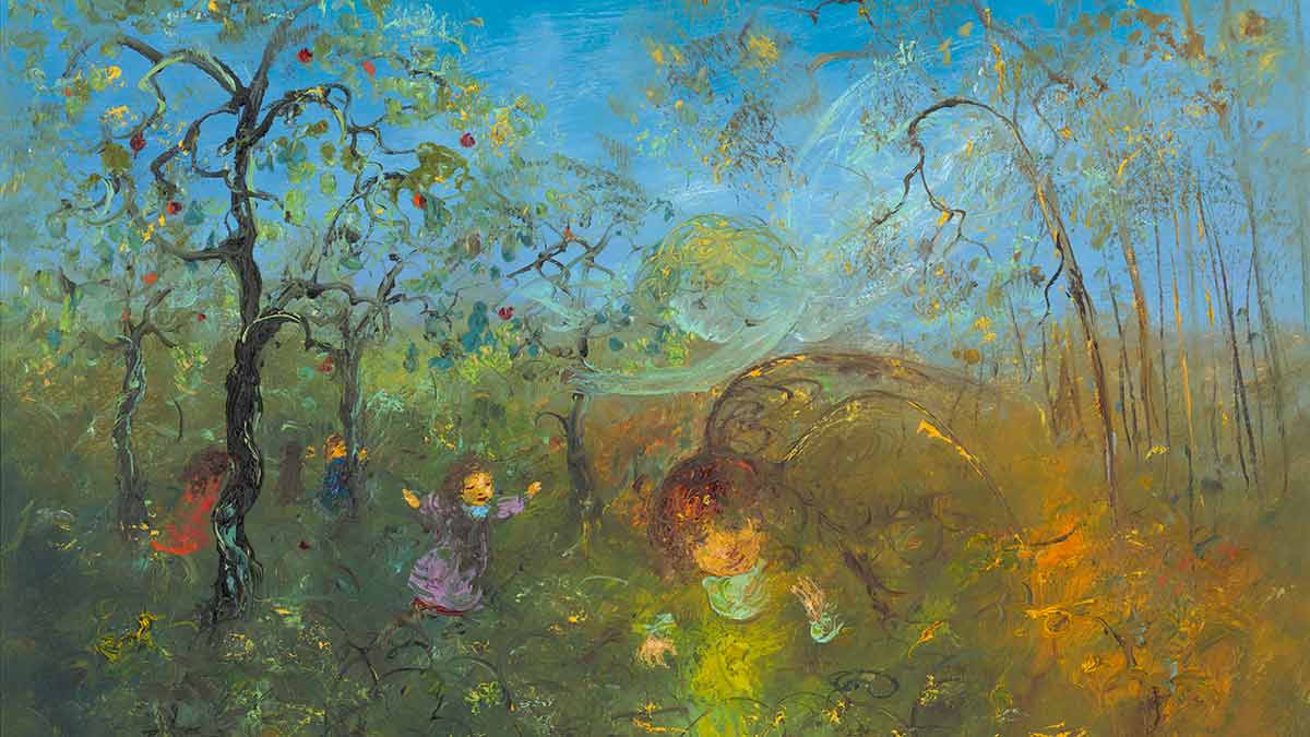 Painting by David Boyd containing trees and people 