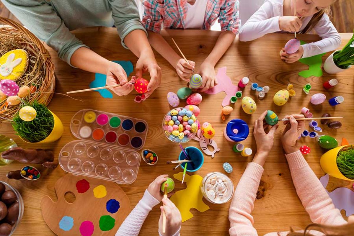 Family doing Easter crafts