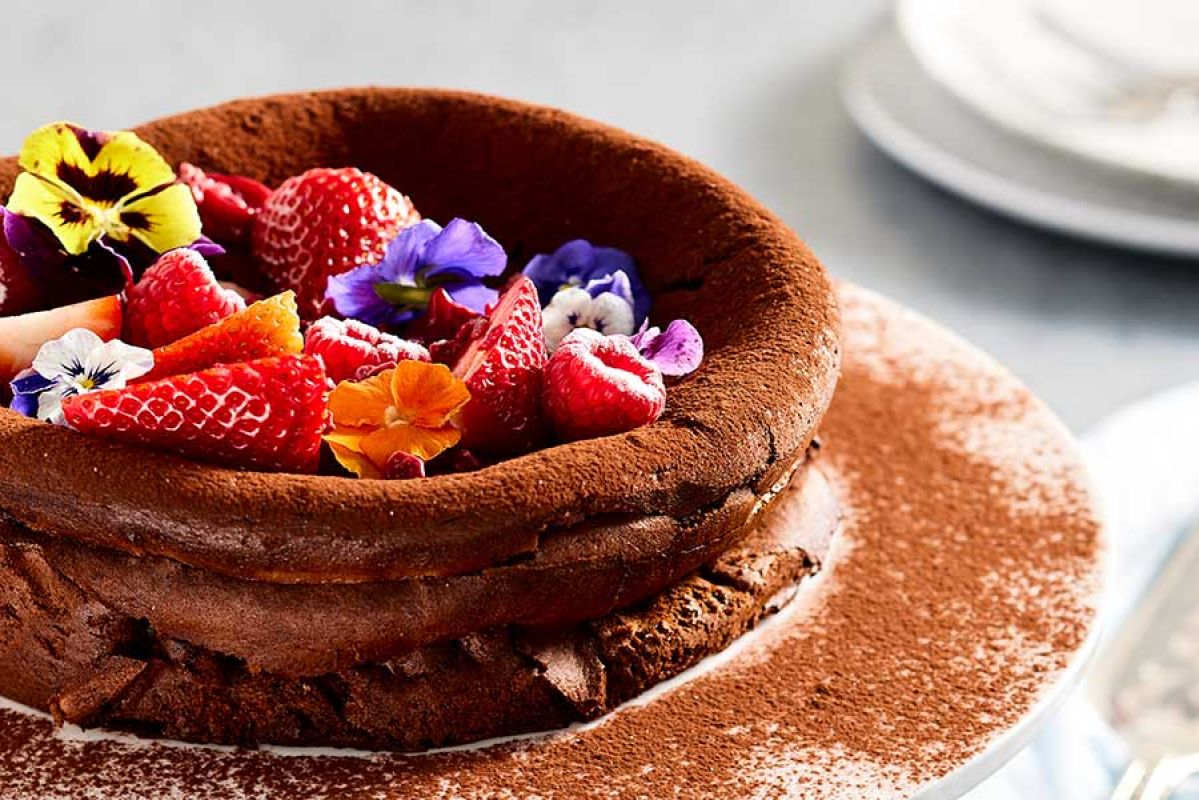 Chocolate cake served on white plate with fruit