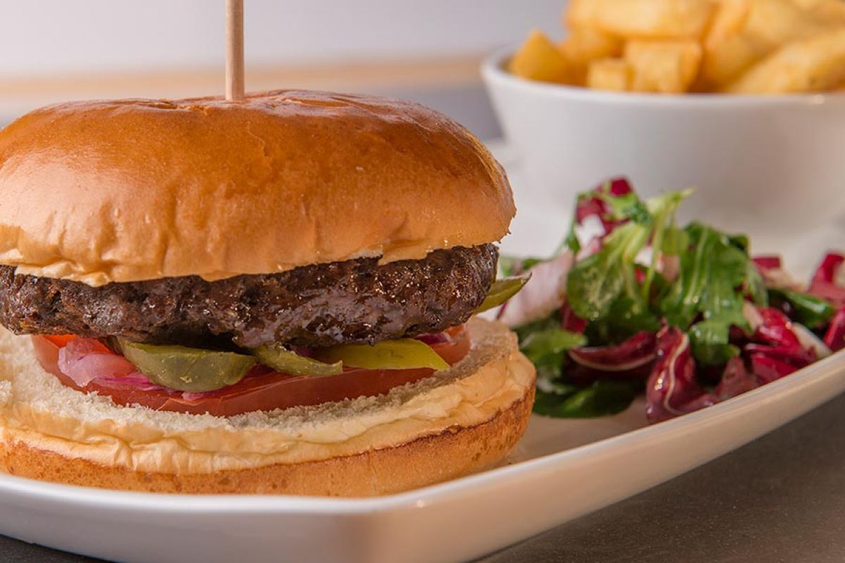 Beef burger on a plate with salad