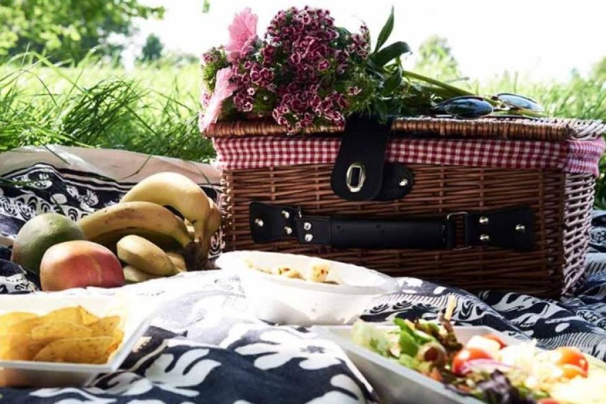 picnic basket with flowers on a picnic blanket in grass