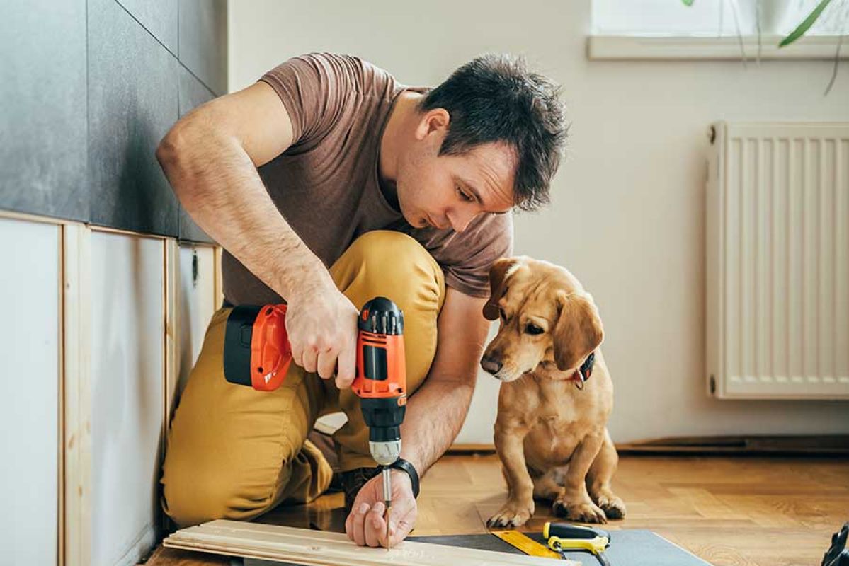 man with a drill making furniture with dog by his side watching