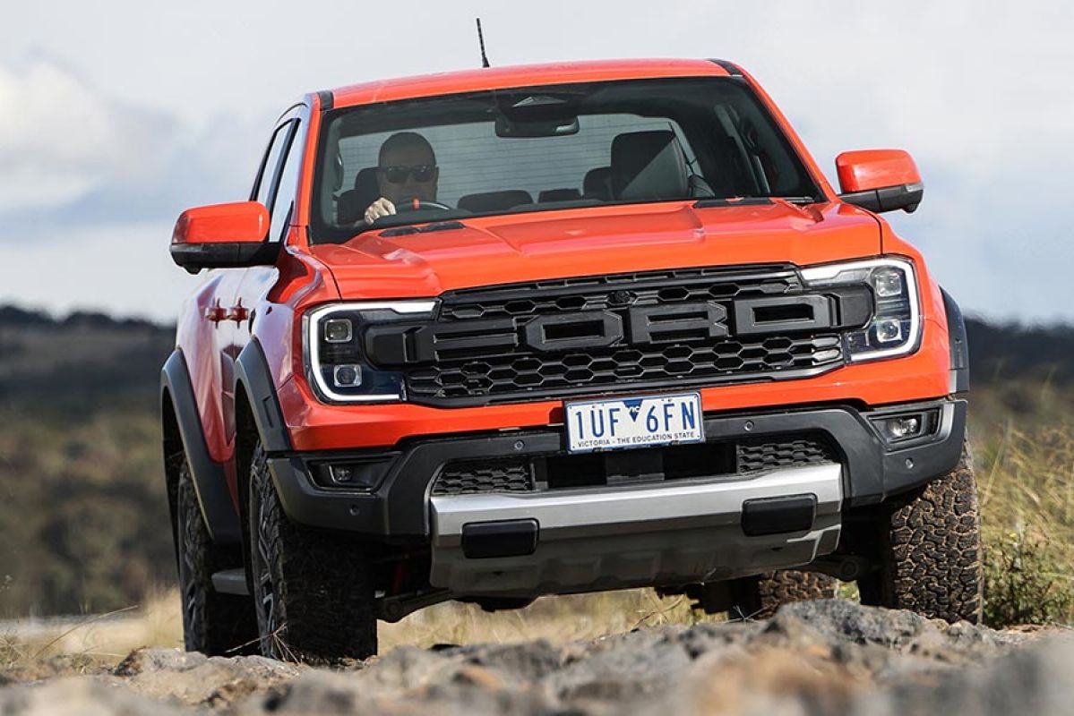A Ford Ranger Raptor on a dirt track.