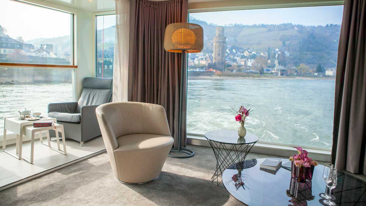 Floor to ceiling views mean you never miss out on the breath-taking landscapes, even from your own suite. Image: Scenic Cruises 
