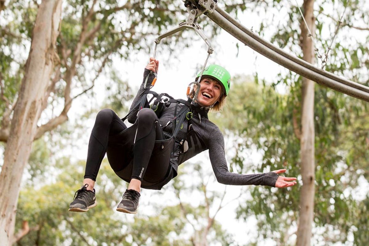 A woman smiling and wearing a helmet. She is in a harness attached to a zipline travelling through a dense eucalypt forest