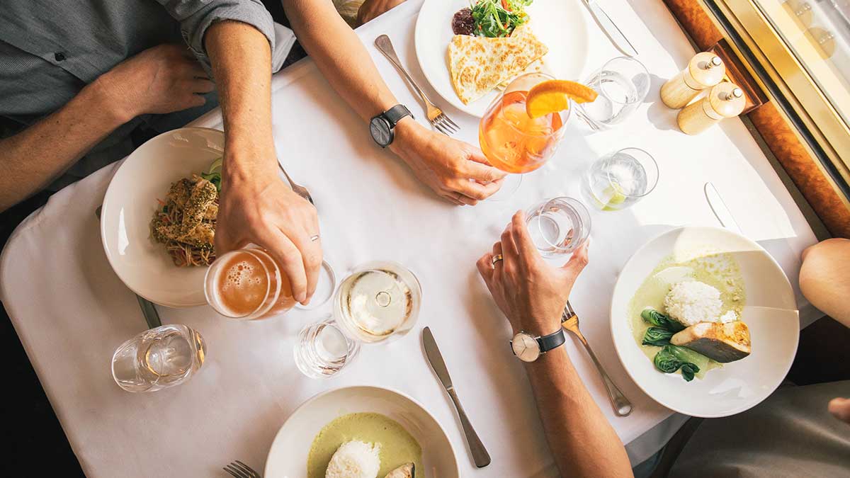 Birds eye view of premium food and wine