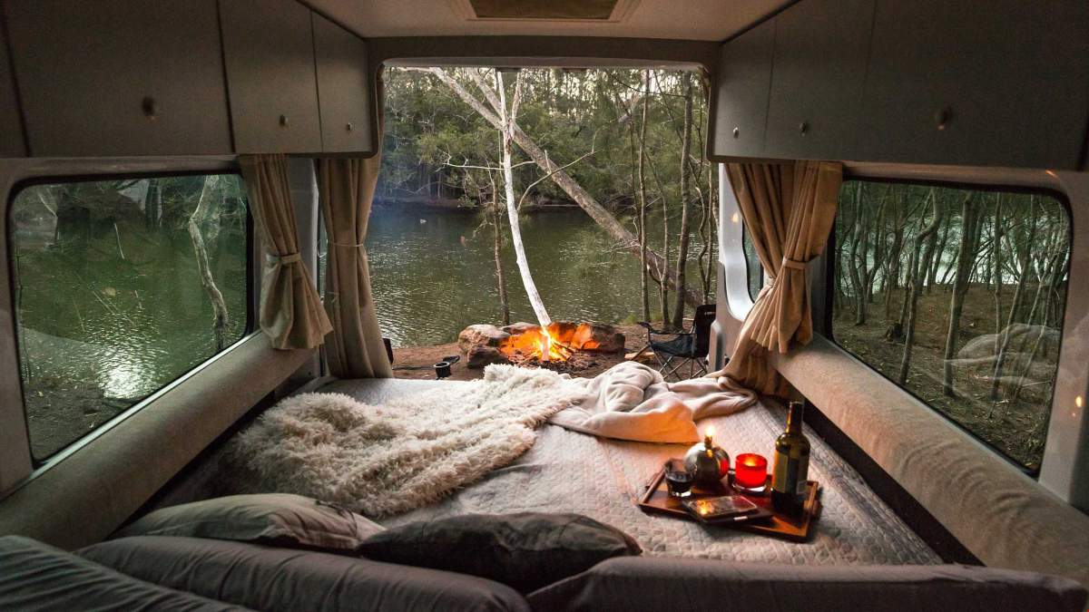 Interior of Apollo Motor home with blankets