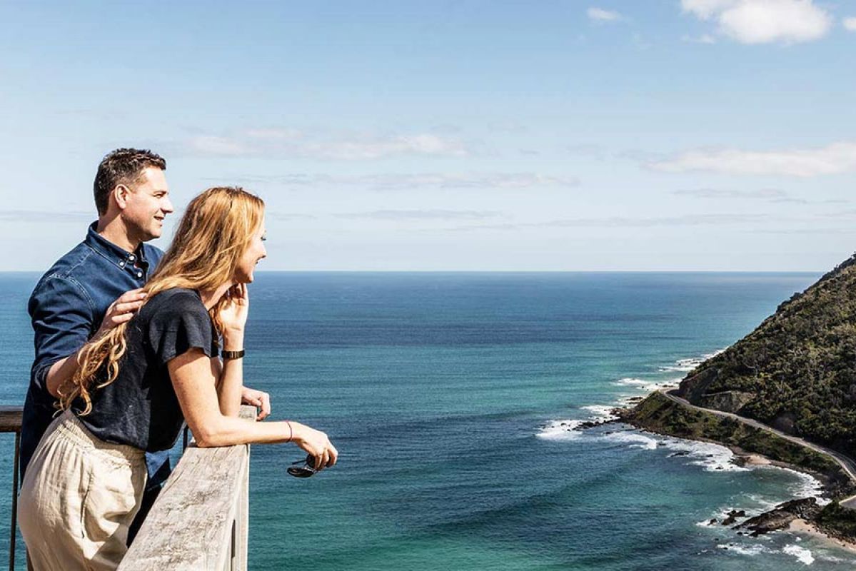 Couple taking in views at Teddys Lookout Apollo Bay