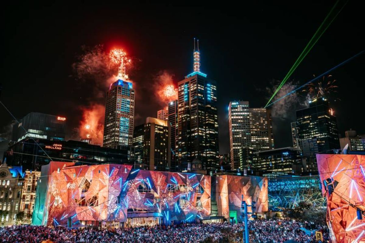fireworks in Melbourne seen from Fed Square