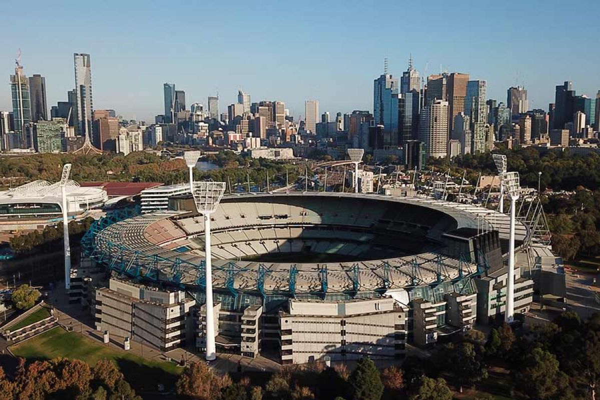 The MCG and Melbourne city skyline from above