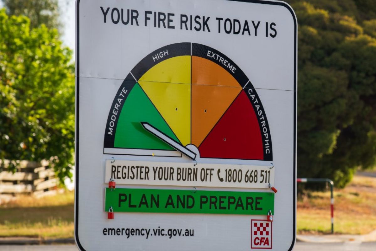 Australian Fire Danger Ratings roadside sign displaying a Moderate fire danger risk