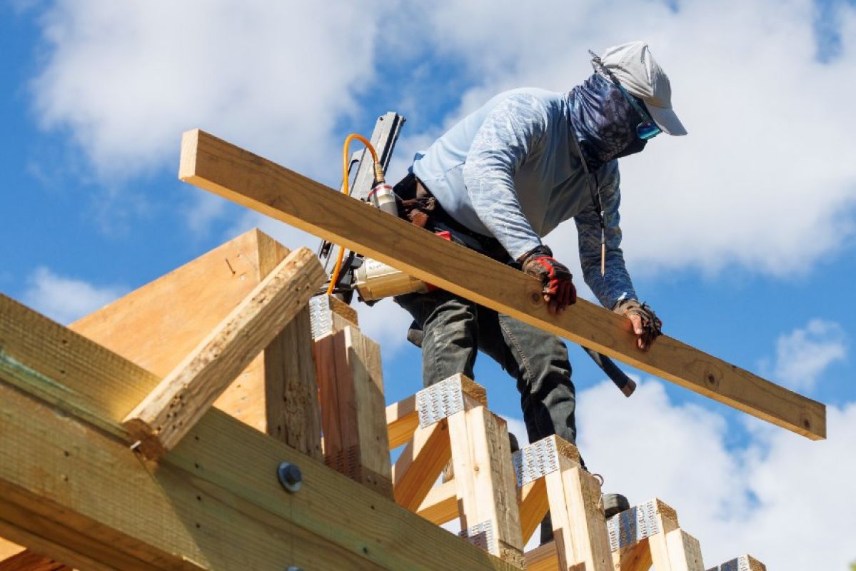 man wearing hat, sunglasses and neck buff carrying a timber plank atop a house construction