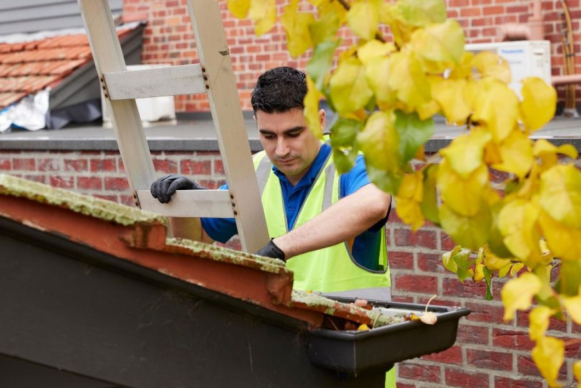 RACV Tradesperson standing on a ladder to clean leaves out of a gutter
