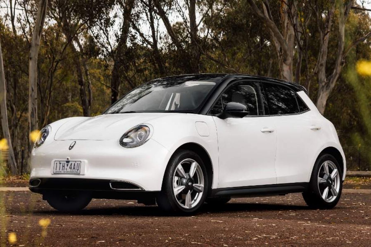 A white GWM Ora parked in a dirt carpark in the bush