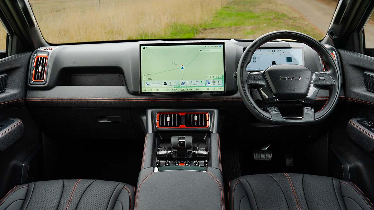 Dashboard of BYD Shark 6 Premium ute showing large central touchscreen and digital driver’s display