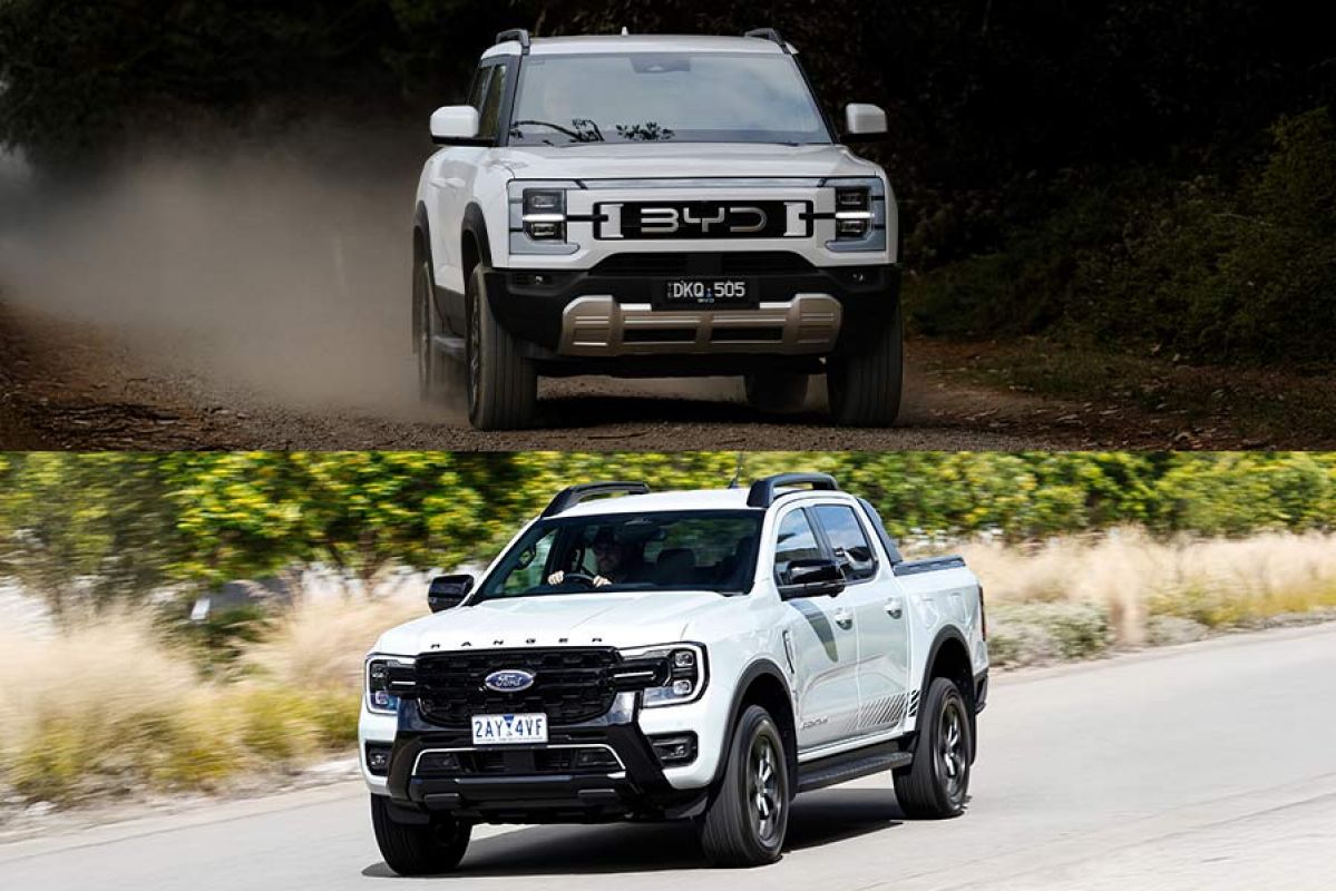 Split image of white BYD Shark 6 ute on dusty dirt road and white Ford Ranger PHEV on sealed country road