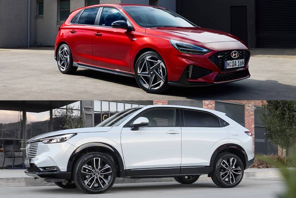 Split image of white Honda HR-V Hybrid small SUV on city street and red Hyundai i30 N Line hatchback in factory carpark.