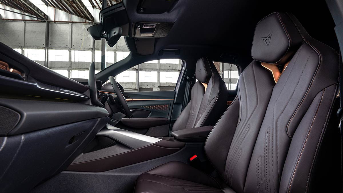 Sports front bucket seats with embossed logo in headrest of Cupra Terramar VZ SUV