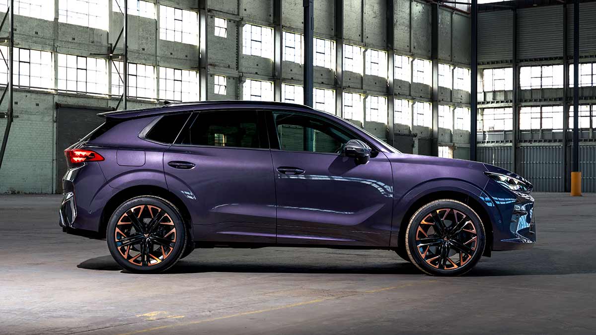 Purple Cupra Terramar VZ in large empty warehouse