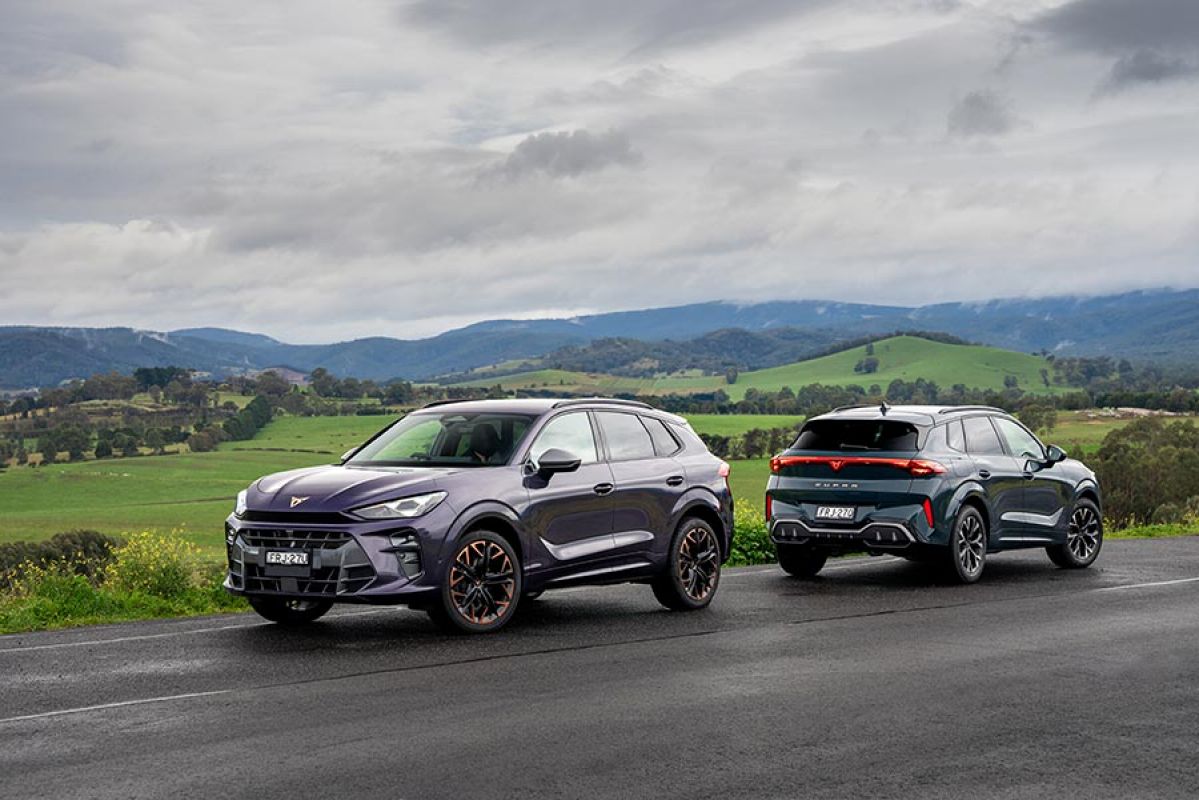 Purple Cupra Terramar VZ and blue Terramar S medium SUVs on country road with green rolling hills behind.