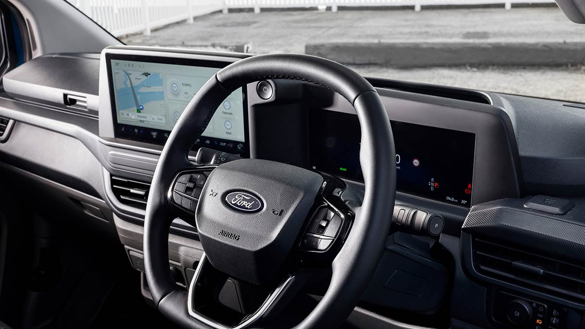 Digital driver's display and screen on dash of 2025 Ford Transit Custom van.