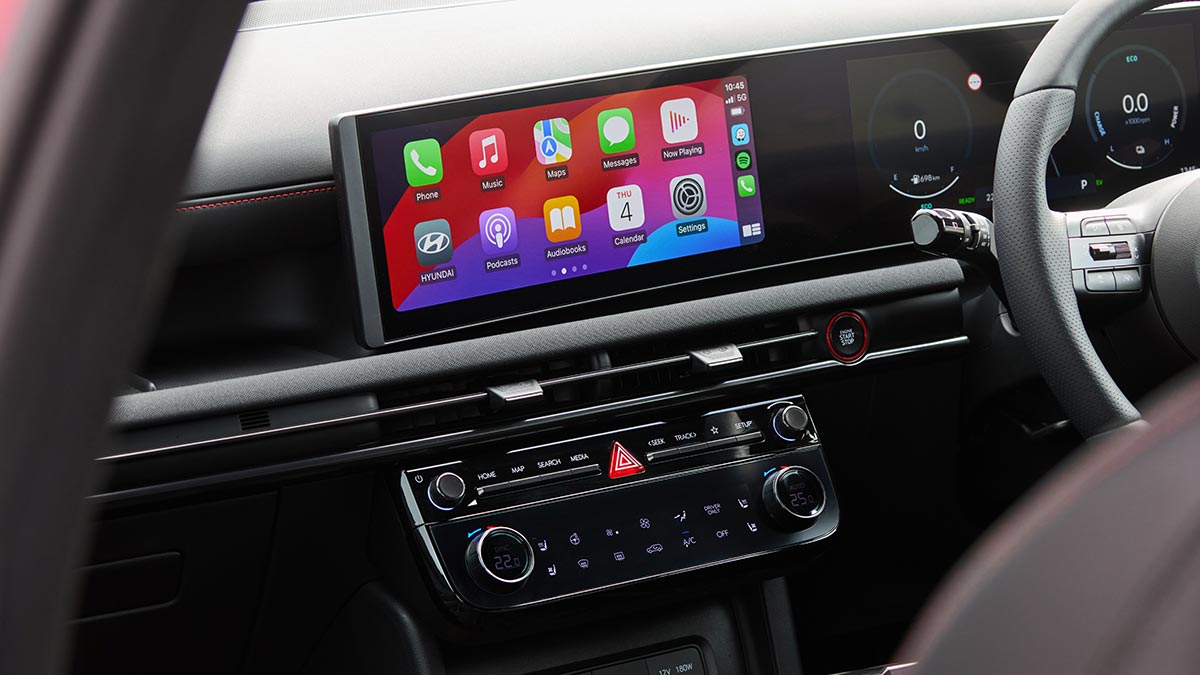 Dual digital screens across dash and centre console of Hyundai Tucson Premium N Line Hybrid SUV