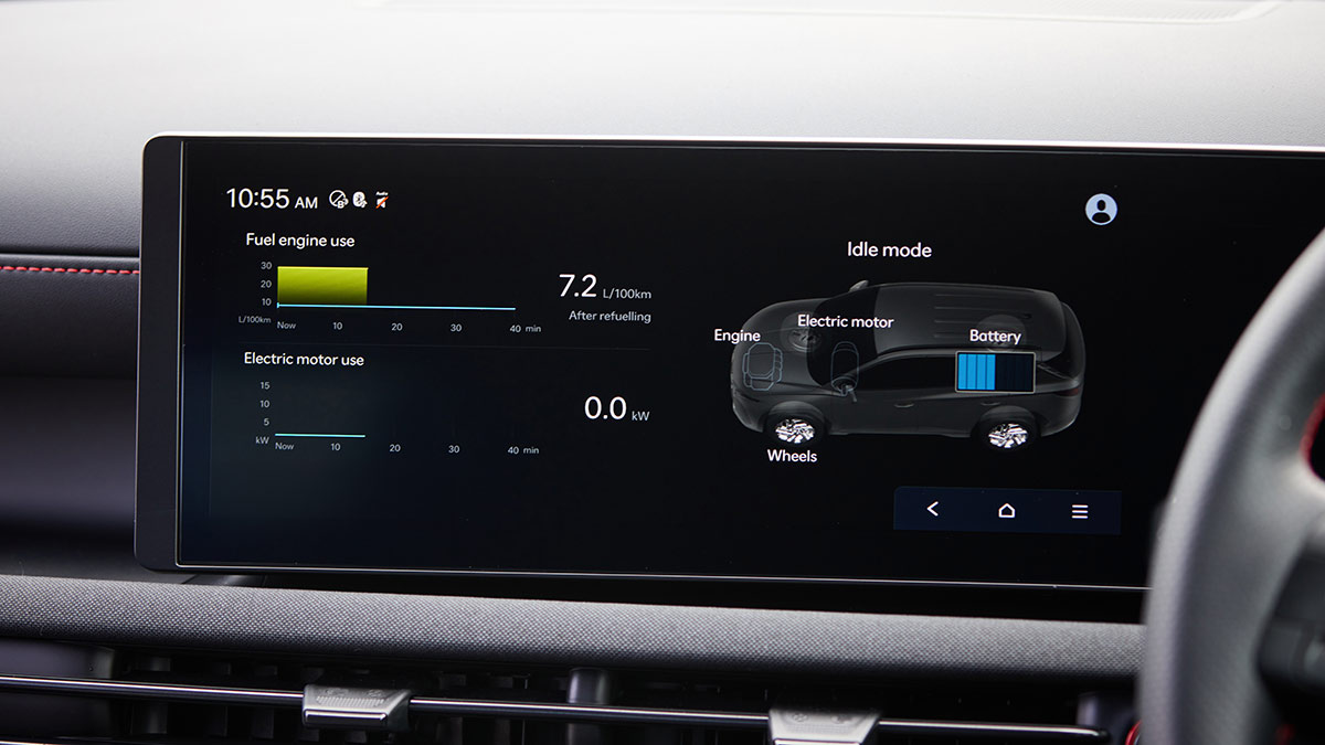 Touchscreen display in Hyundai Tucson Hybrid showing fuel and electric motor usage, economy and battery state of charge