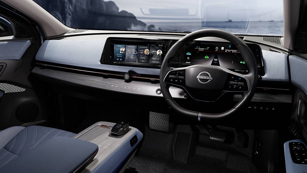 Steering wheel and digital screens for driver in Nissan Ariya medium electric SUV