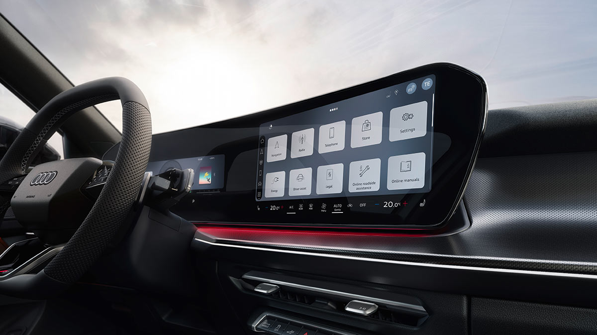 Upward detail view of Audi Q3 Sportback’s curved 12.8-inch MMI touchscreen display.