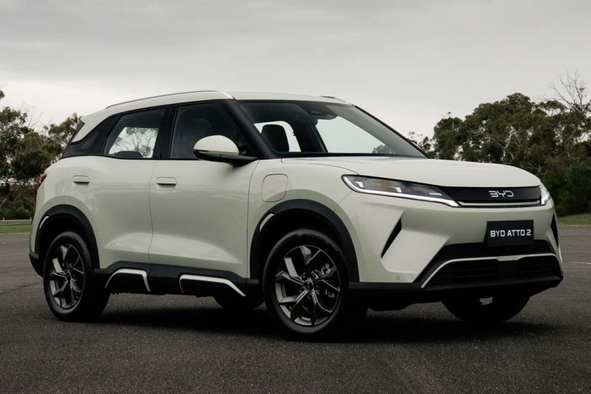 Front quarter on location shot of white BYD Atto 2 small electric SUV 