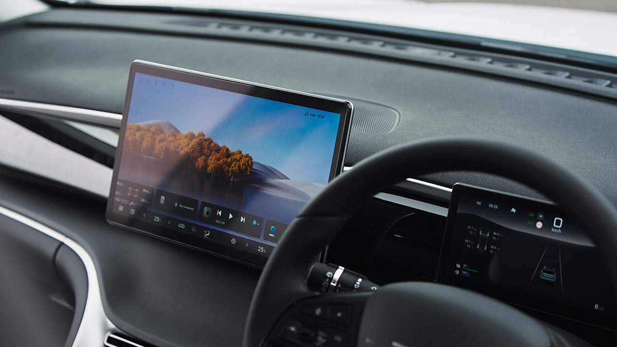 Dashboard of BYD Sealion 5 SUV with 12.8-inch touchscreen and 8.8-inch digital instrument panel.