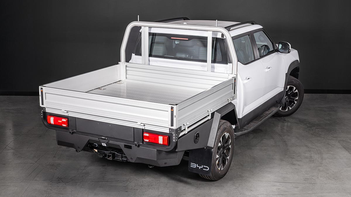 Overhead rear view of BYD Shark 6 Cab-Chassis dual-cab ute looking into optional alloy tray.